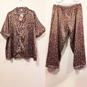 Satin Leopard Print Pajama Set, Plus Size Button Down Pajamas, Loungewear, 3XL
